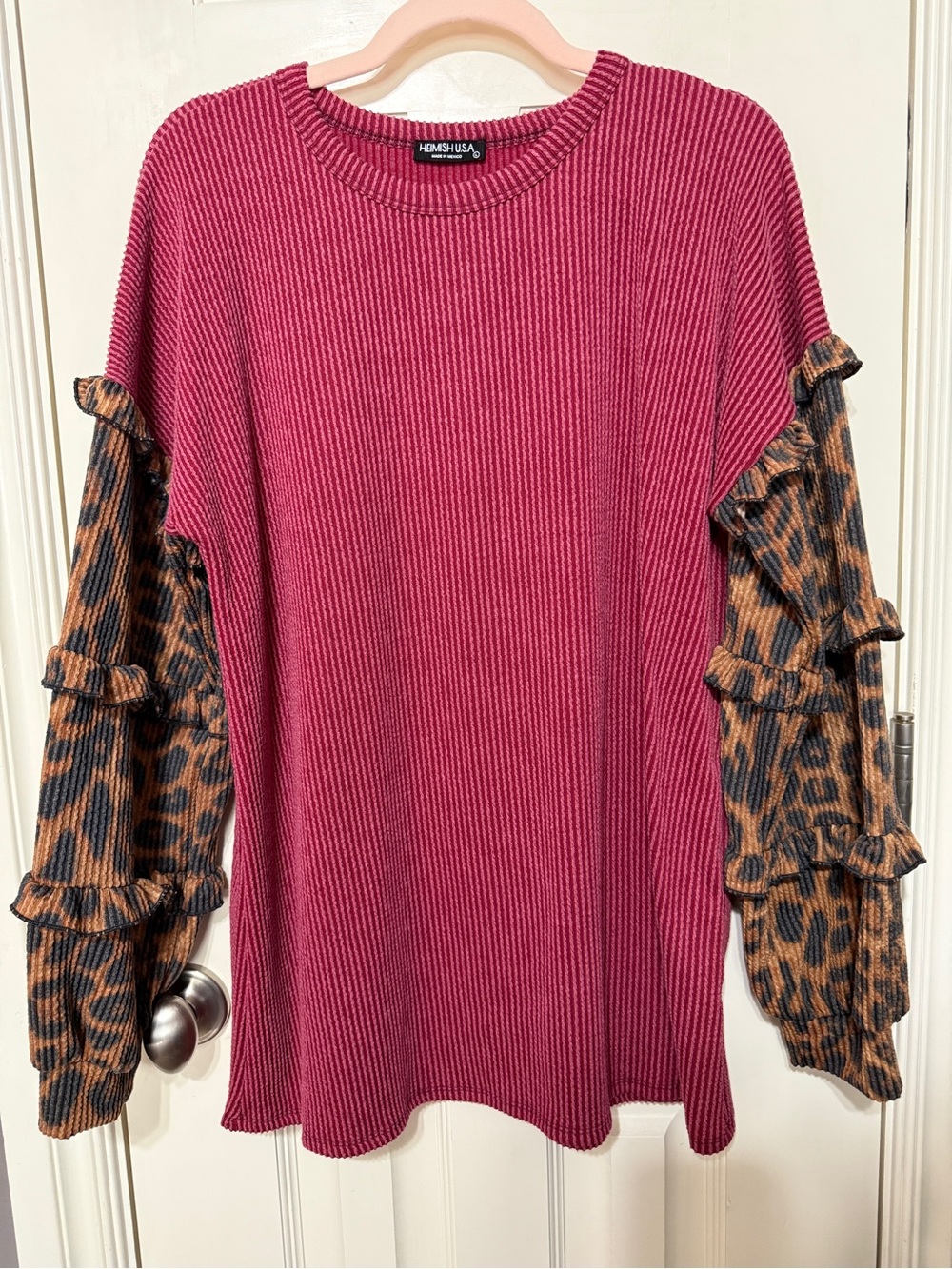 HEIMISH USA Burgundy Ribbed Knit Top with Leopard-Print Ruffle Sleeves